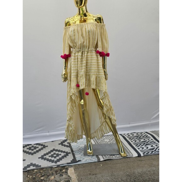 Revolve Sundress Alena High Low Off Shoulder Dress Yellow Stripe Pom Pom M/L - Picture 4 of 14